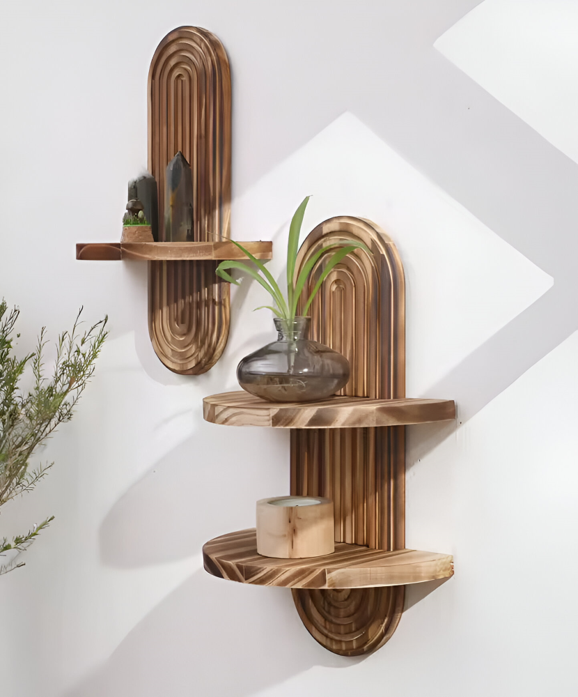 BohoRust Shelf – Handgjord Geometrisk Trähylla i Rustik Ovaldesign