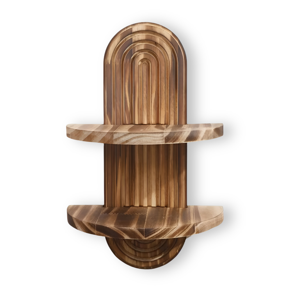 BohoRust Shelf – Handgjord Geometrisk Trähylla i Rustik Ovaldesign