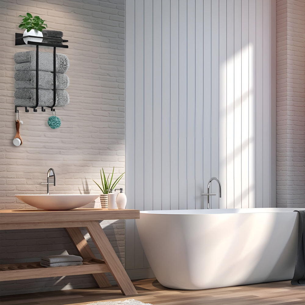 BlackShelf TowelRack – Elegant Väggmonterad Handdukshållare med Hylla & Krokar