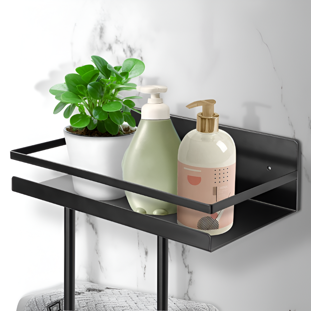 BlackShelf TowelRack – Elegant Väggmonterad Handdukshållare med Hylla & Krokar