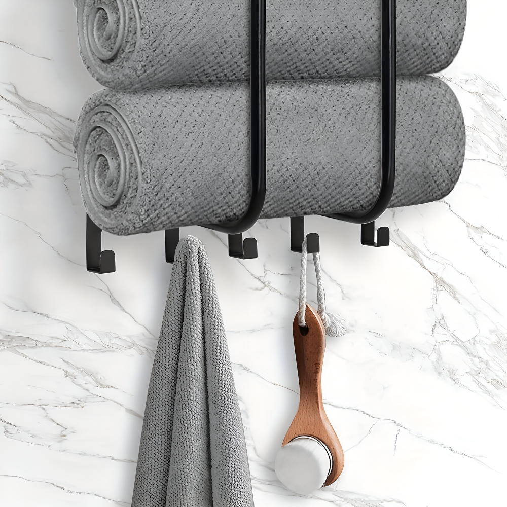 BlackShelf TowelRack – Elegant Väggmonterad Handdukshållare med Hylla & Krokar