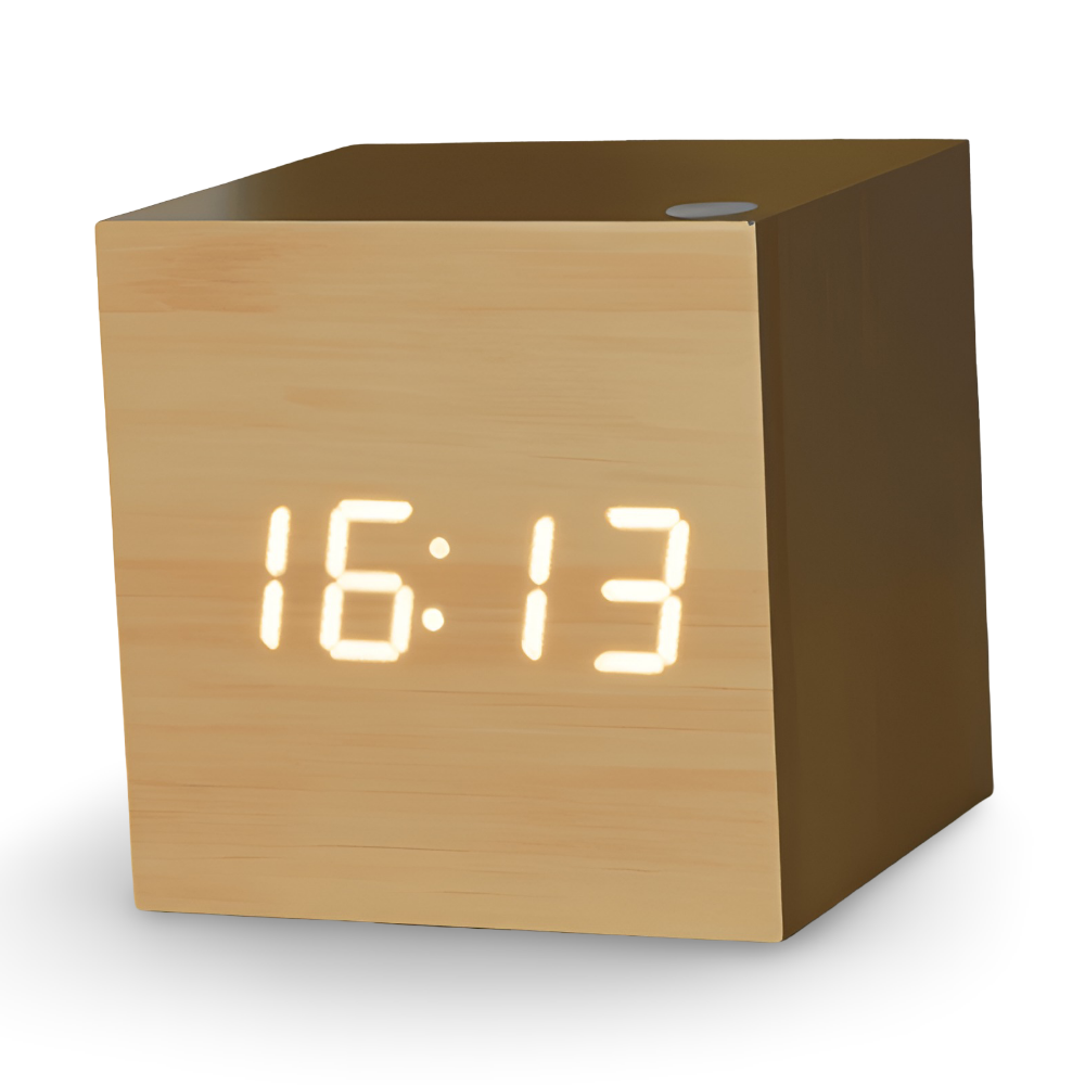CubeGlow – Digital LED Träväckarklocka i Kubdesign
