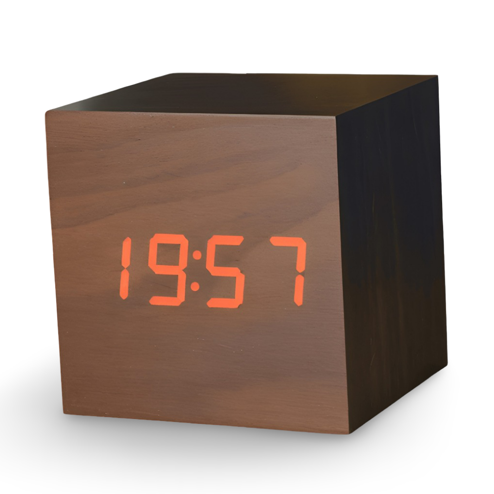 CubeGlow – Digital LED Träväckarklocka i Kubdesign