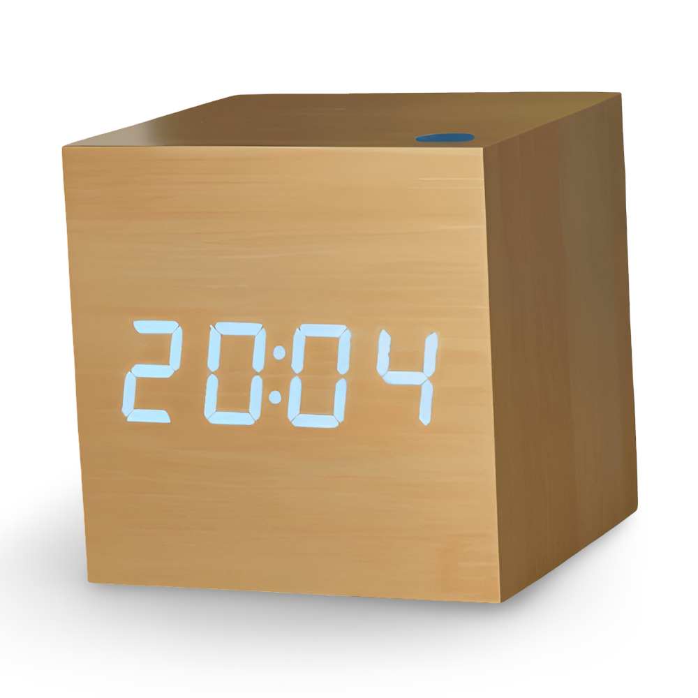 CubeGlow – Digital LED Träväckarklocka i Kubdesign