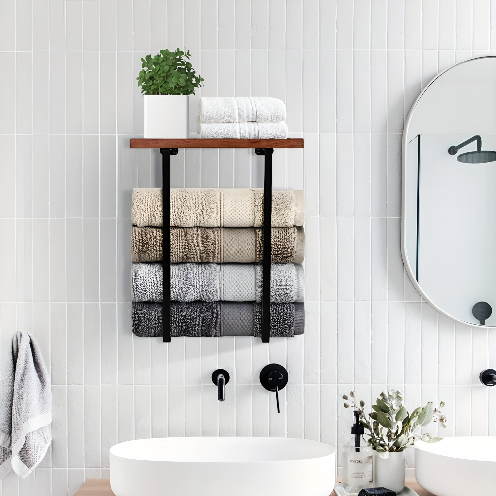 WoodRail Duo – Elegant Väggmonterad Dubbel Handdukshållare i Trä & Metall