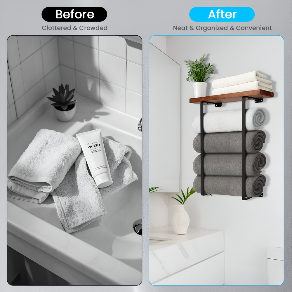 WoodRail Duo – Elegant Väggmonterad Dubbel Handdukshållare i Trä & Metall