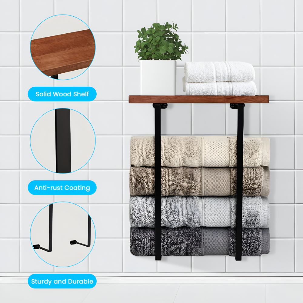 WoodRail Duo – Elegant Väggmonterad Dubbel Handdukshållare i Trä & Metall