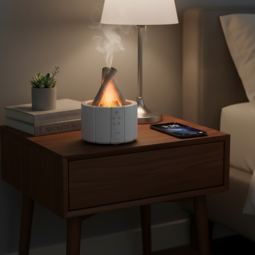 FlammaMist – Luftfuktare och bordslampa med aromaterapi och LED-ljus